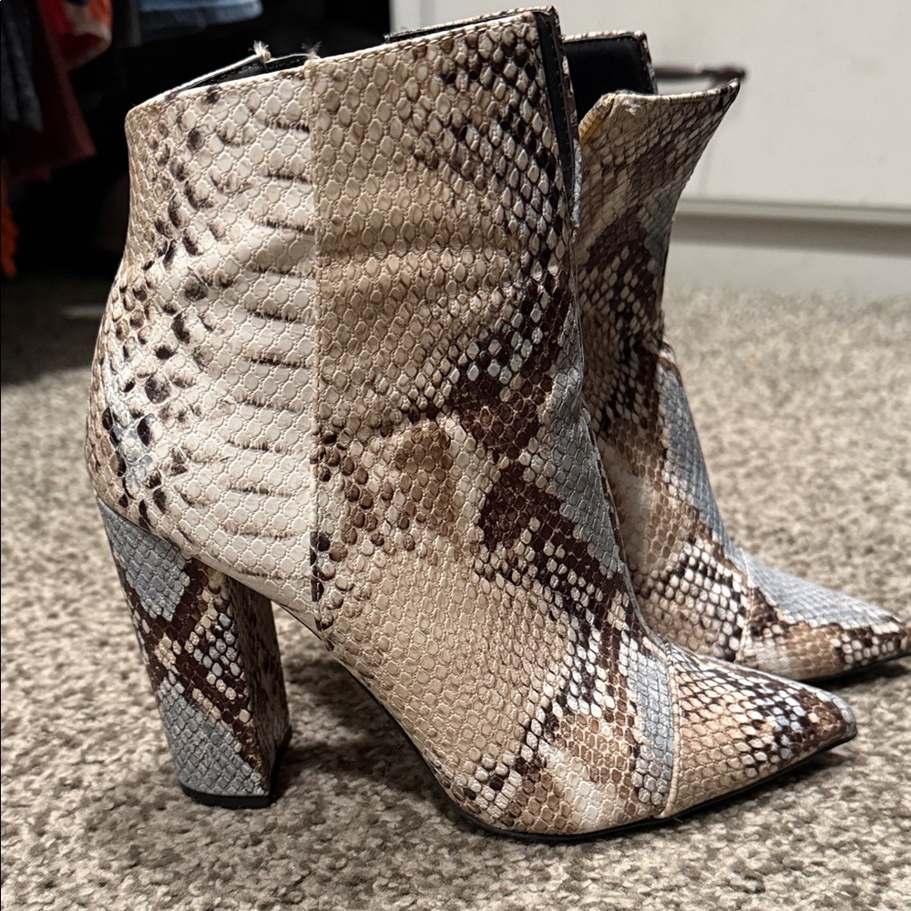 Qupid Beige and Brown Snakeskin Ankle Booties